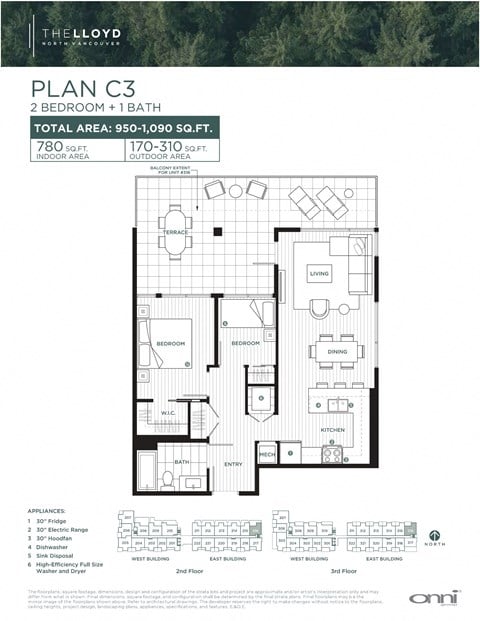 Floor plan for 2 beds, 1 bath, 1090 sqft